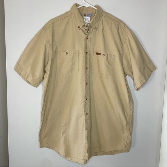 Carhartt Vintage Short Sleeve Workwear Khaki Twill Button Down Shirt Size L - Picture 1 of 8